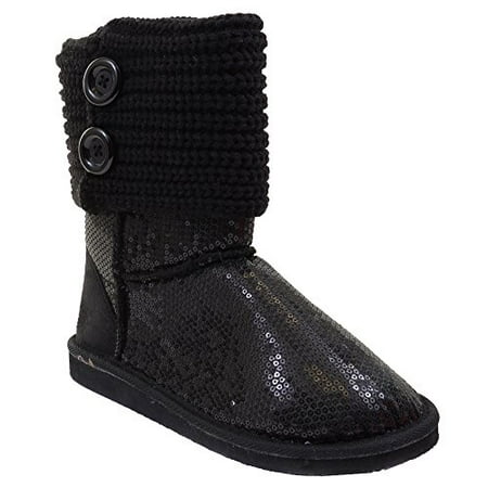 Sequin Crochet Slouchy Knit Sweater Button Flat Boot Black