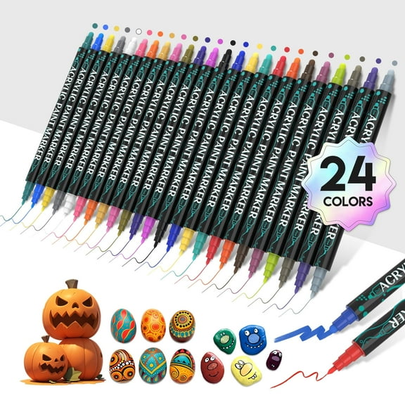 Acrylic Paint Markers, 24 Colors Dual Tip Acrylic Paint Pens for Wood, Canvas, Stone, Rock Painting, Glass, Ceramic Surfaces, DIY Crafts Making, 24 Dual Tip Acrylic Markers