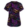 thumbnail image 3 of Mardi Gras Scrub Tops for Women Feathers Print Short Sleeve Sequins Scrubs Carnival Mask Print V Neck Green Uniform with Pockets Dark Purple M, 3 of 5