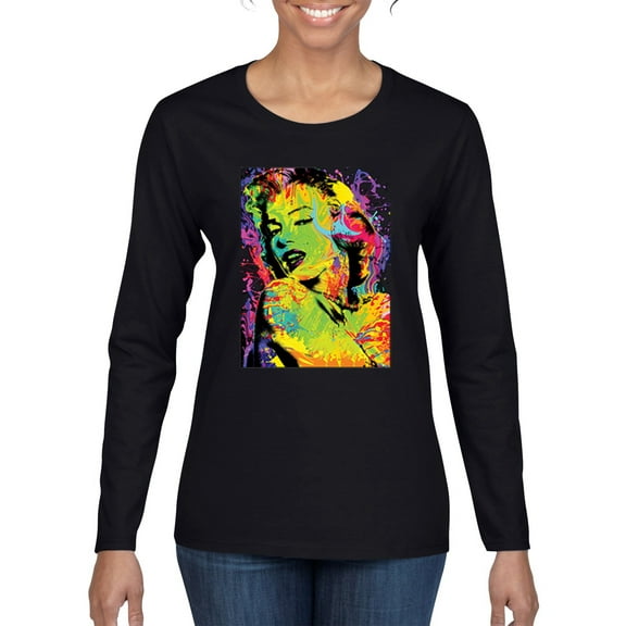 Colorful Woman Marilyn Monroe Pop Culture Womens Graphic Long Sleeve T-Shirt, Black, Small