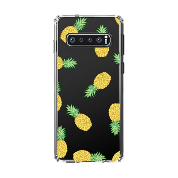 DistinctInk Clear Shockproof Hybrid Case for Samsung Galaxy S10 (6.1" Screen) - TPU Bumper, Acrylic Back, Tempered Glass Screen Protector - Repeating Pineapple Pattern