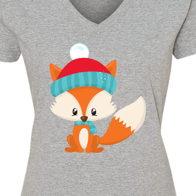 Inktastic Cute Fox, Fox With Hat And Scarf, Orange Fox Women's V-Neck T-Shirt - image 3 of 4