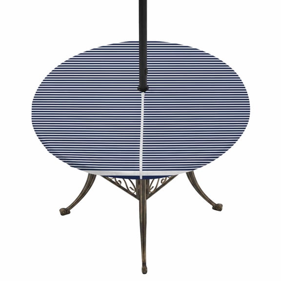 Round Outdoor Tablecloth with Umbrella Hole and Zipper, Farmhouse Navy Blue White Striped Tablecloth with Elastic Waterproof, Modern Stripes Patio Table Covers for 31" - 35" Picnic Pool Tables