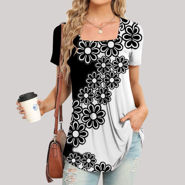 Fiudx Ofertas Del Día Blusa Holgada de Manga Corta con Cuello En V Informal Estampada a La Moda para Mujer