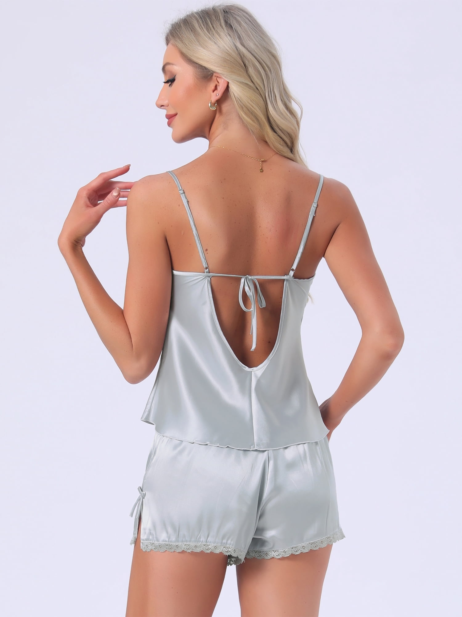 DARING DIVA Women's Satin Lace Spaghetti Strap V Neck Top with Split Shorts XL Gray