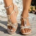 thumbnail image 3 of IUJSOY Wedge Sandals for Women Low Heel T-Strap Braided Beaded Elastic Ankle Strap Sandals, 3 of 9