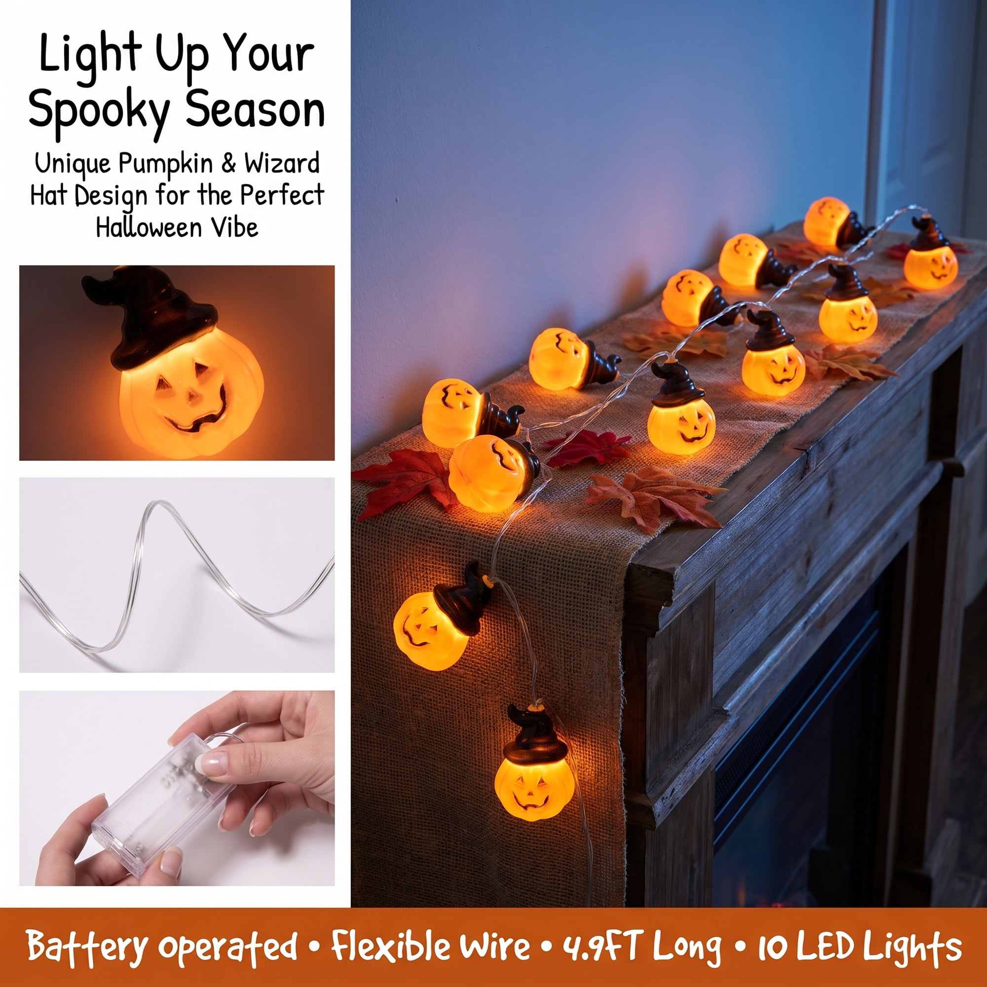 Unique Bargains Halloween Jack-O'-Lantern Fairy Lights 4.9 ft Black Hat Battery Operated