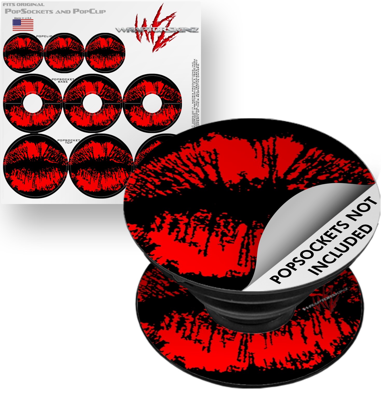 Decal Style Vinyl Skin Wrap 3 Pack for PopSockets Big Kiss Lips Red on Black (POPSOCKET NOT INCLUDED) by WraptorSkinz