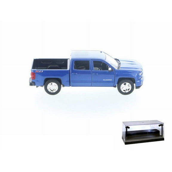 Diecast Car w/LED Display Case - 2017 Chevy Silverado 1500 LT Z71 Crew Cab Pick-Up Truck, Blue - Motor Max 79348/16D - 1/24 Scale Diecast Model Toy Car
