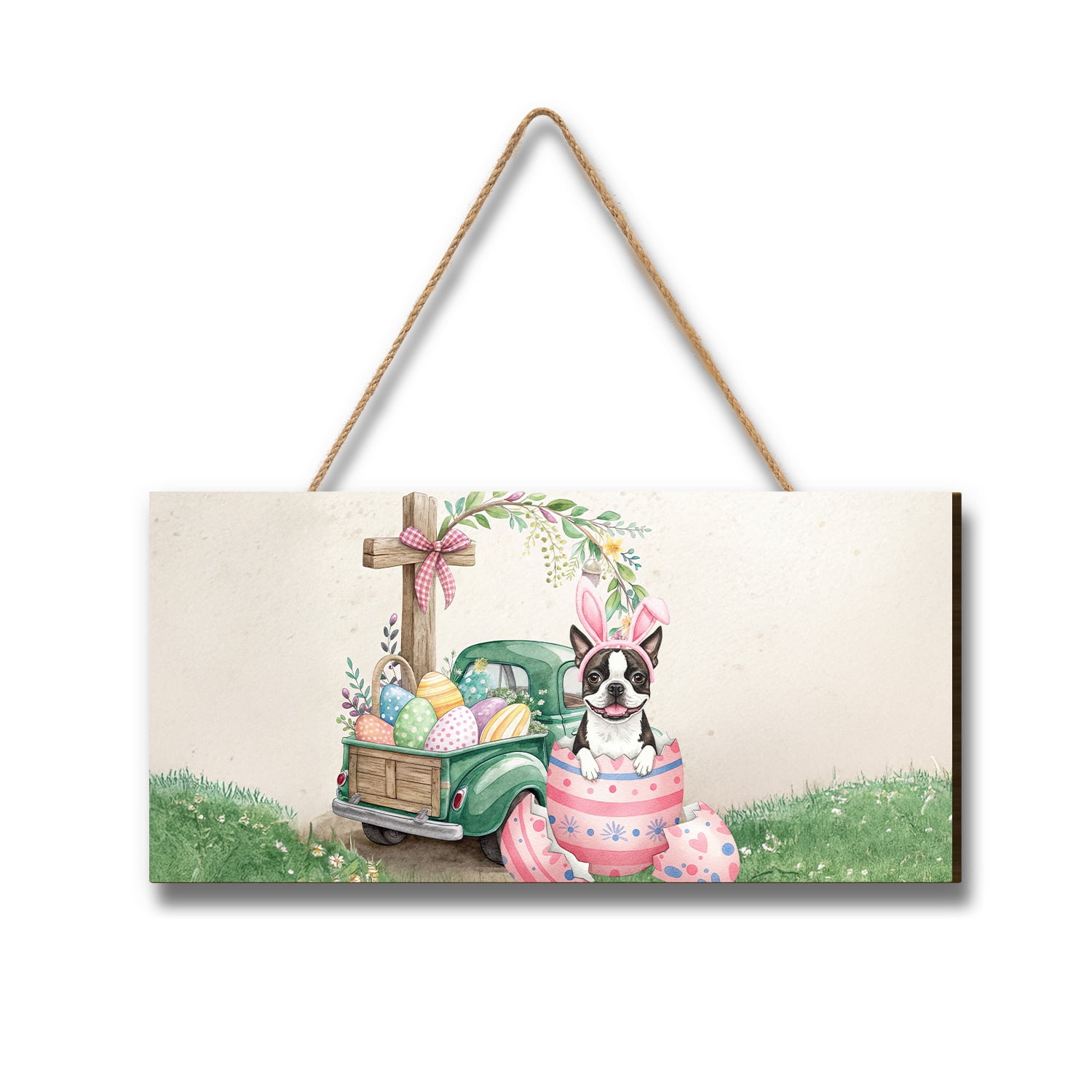 Easter Egg Boston Terrier Bunny Ear Welcome Spring Truck Landscape Wood Sign Gentleman Dog Lover Gifts Hanging Wall Home Decor - 12002