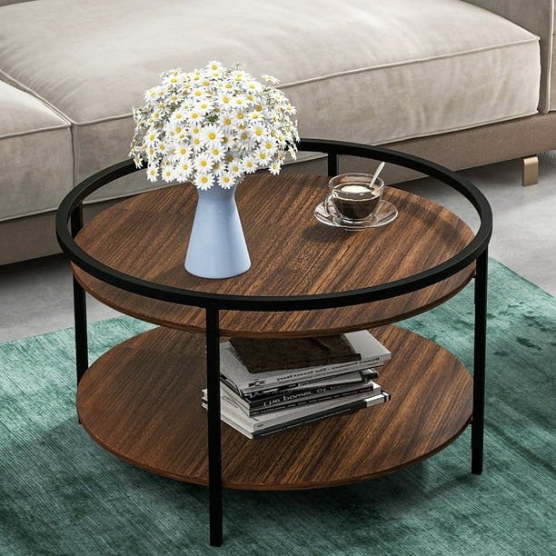 Round Coffee Tables For Living Room Mid Century Industrial With Sink Top And Storage Shelf Circle Table Easy Assembly Brown Com Round Coffee Tables For Living Room, Industrial Round Coffee Table Ashwood Modern Home Decor