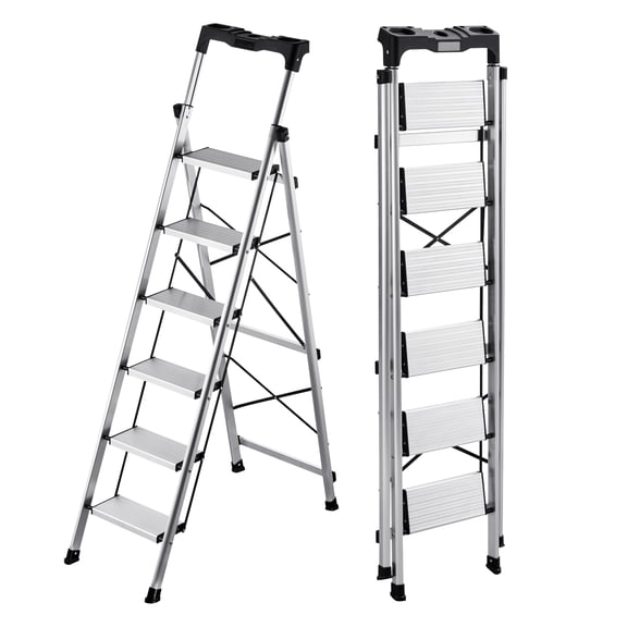 KFFKFF 6-Step Folding Ladder with Wide Non-Slip Pedals and Comfortable Handgrip, 330 lbs Capacity Lightweight Aluminum Ladder for Home, Kitchen, Office, and Warehouse, Silver