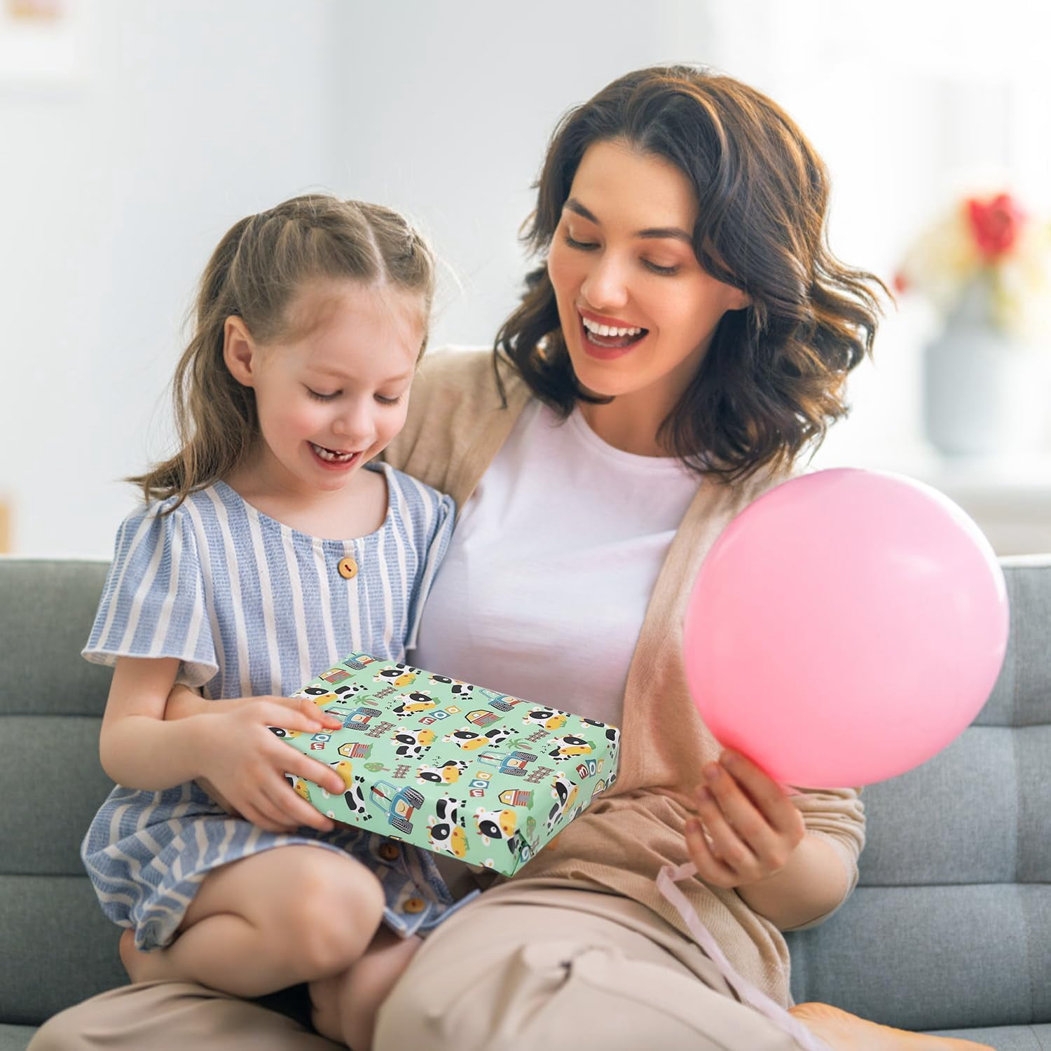 Farm Cow Wrapping Paper for Boys Girls Kids, Cute Cow Farmhouse Tractor Farm Theme Design Green Birthday Paper 6 Sheets Folded Flat 20x28 inches per Sheet for Birthday Party Baby Shower