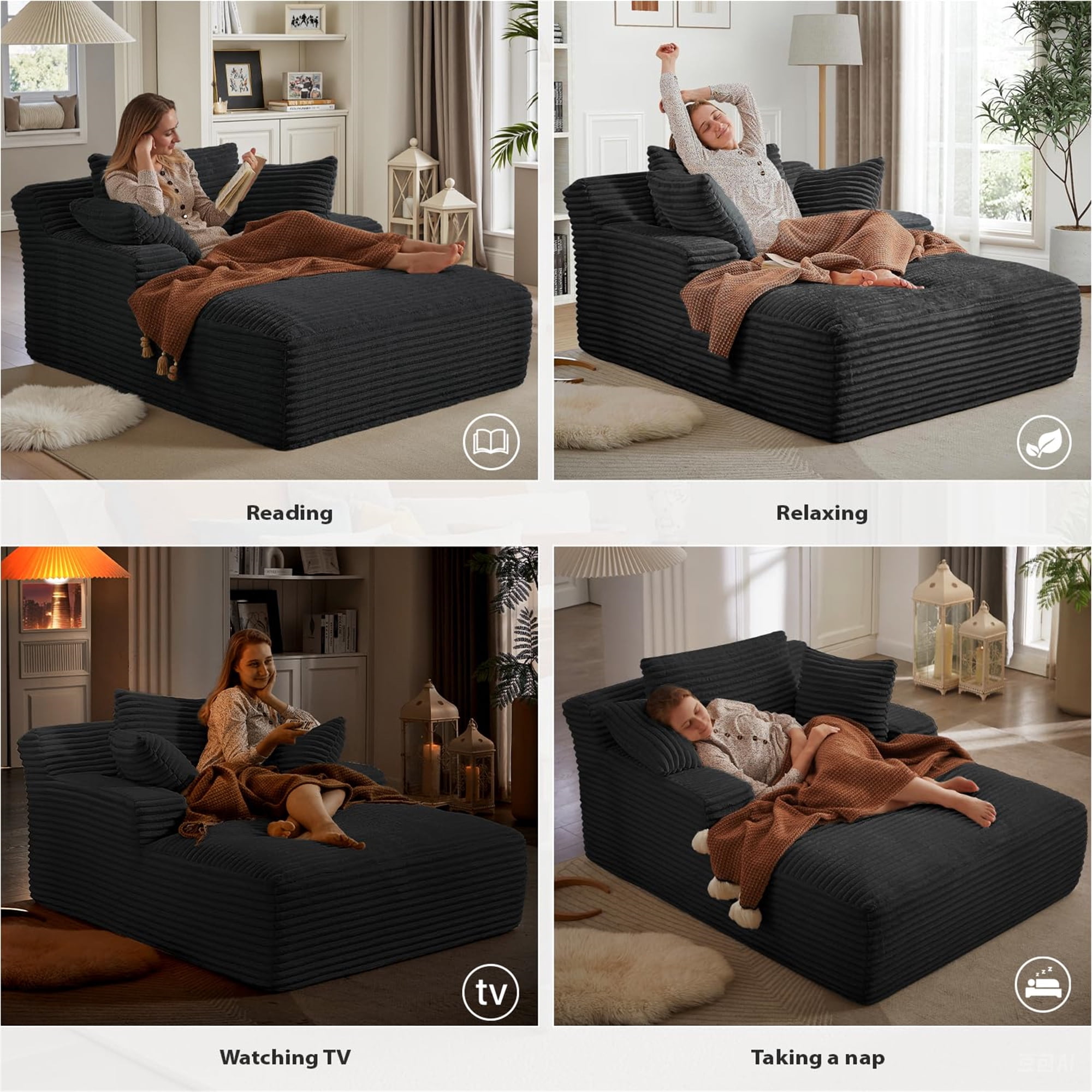 Aukfa 65" Oversized Chaise Lounge Indoor Chair Boneless Sofa Couch for Living Room, 3Pillows, Corduroy, Black