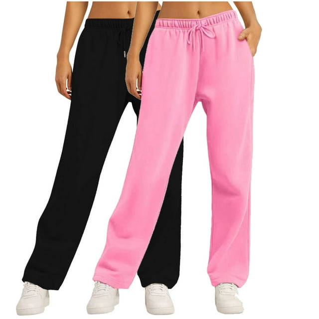 FAIWAD 2pc Straight Leg Sweatpants for Women Solid Color Elastic Waist Loose Jogger Pants with Drawstring