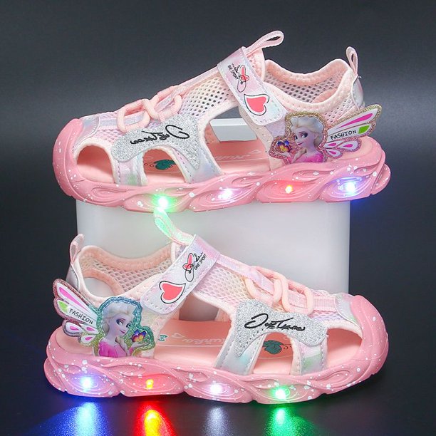 Disney Frozen Elsa Princess Girls' LED Sandals Summer Children's Sports Beach Pink Purple Girls' Soft Shining Shoes Size 25-3025-Insole 15.8 cm Gao Jinjia LED