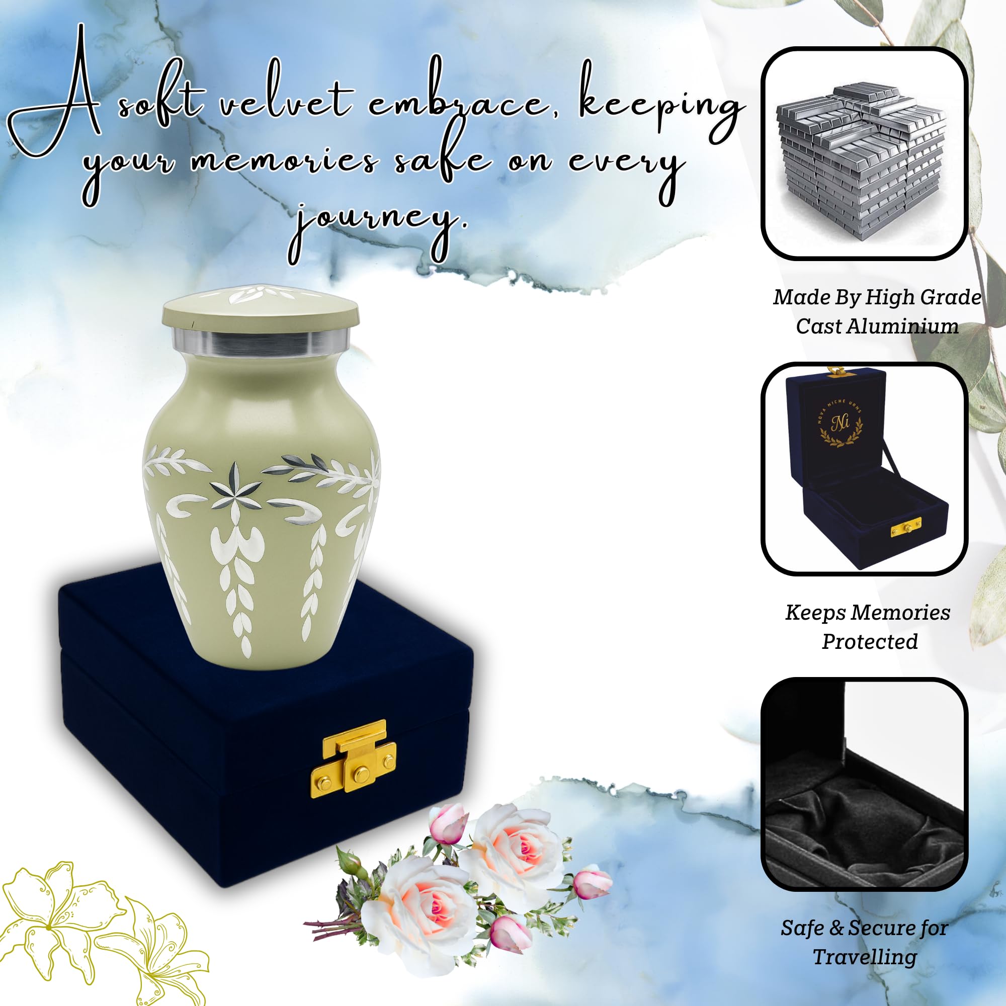 Nova Niche Off-White Bloom Metal Keepsake Cremation Urn with Handmade Floral Design Keepsake for Human Ashes with Velvet Box (3 in.)