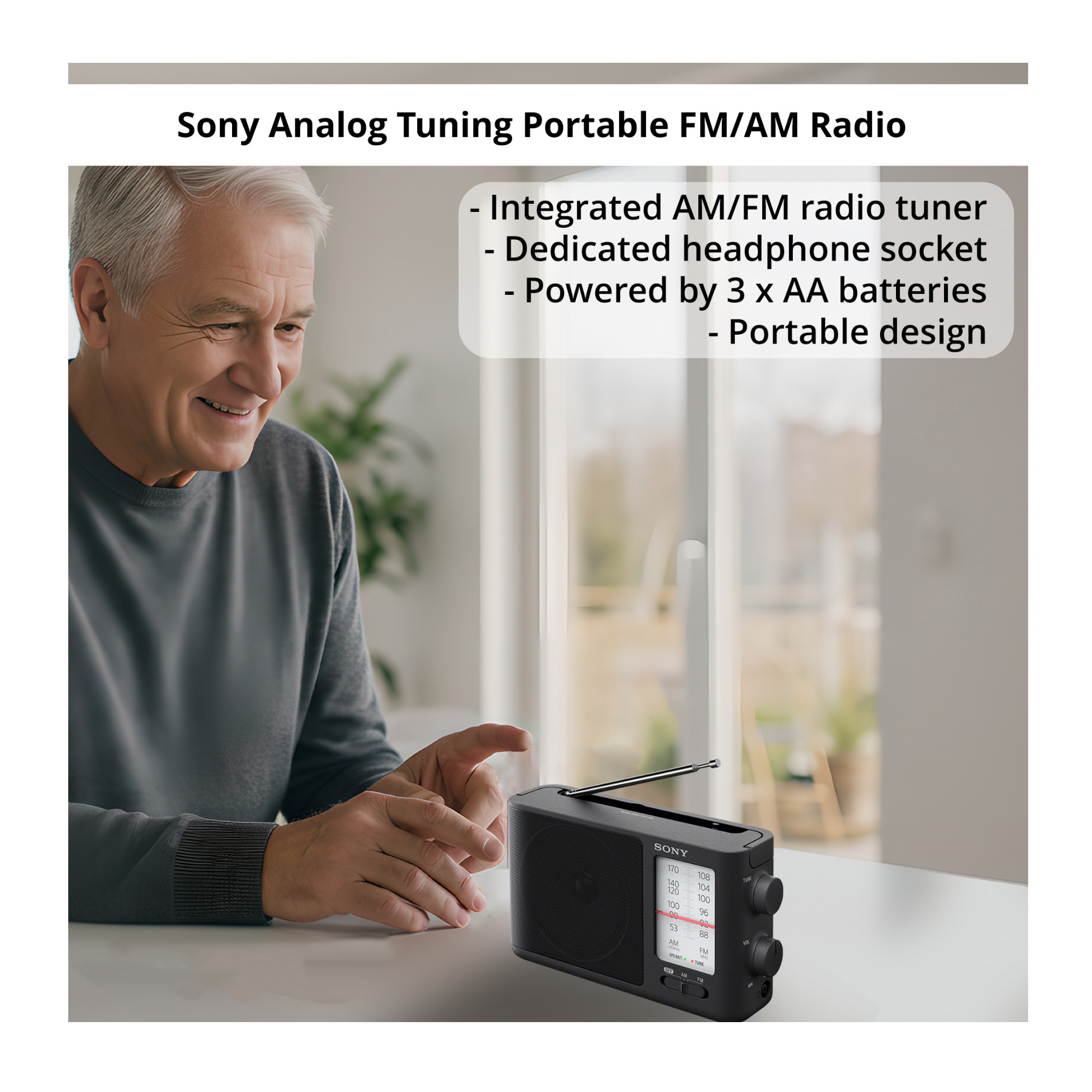 Sony ICF506 Portable Radio with AA (4-pack) with Wired In-Ear Earbud Headphones and Radio Accessory Bundle (3 Items)