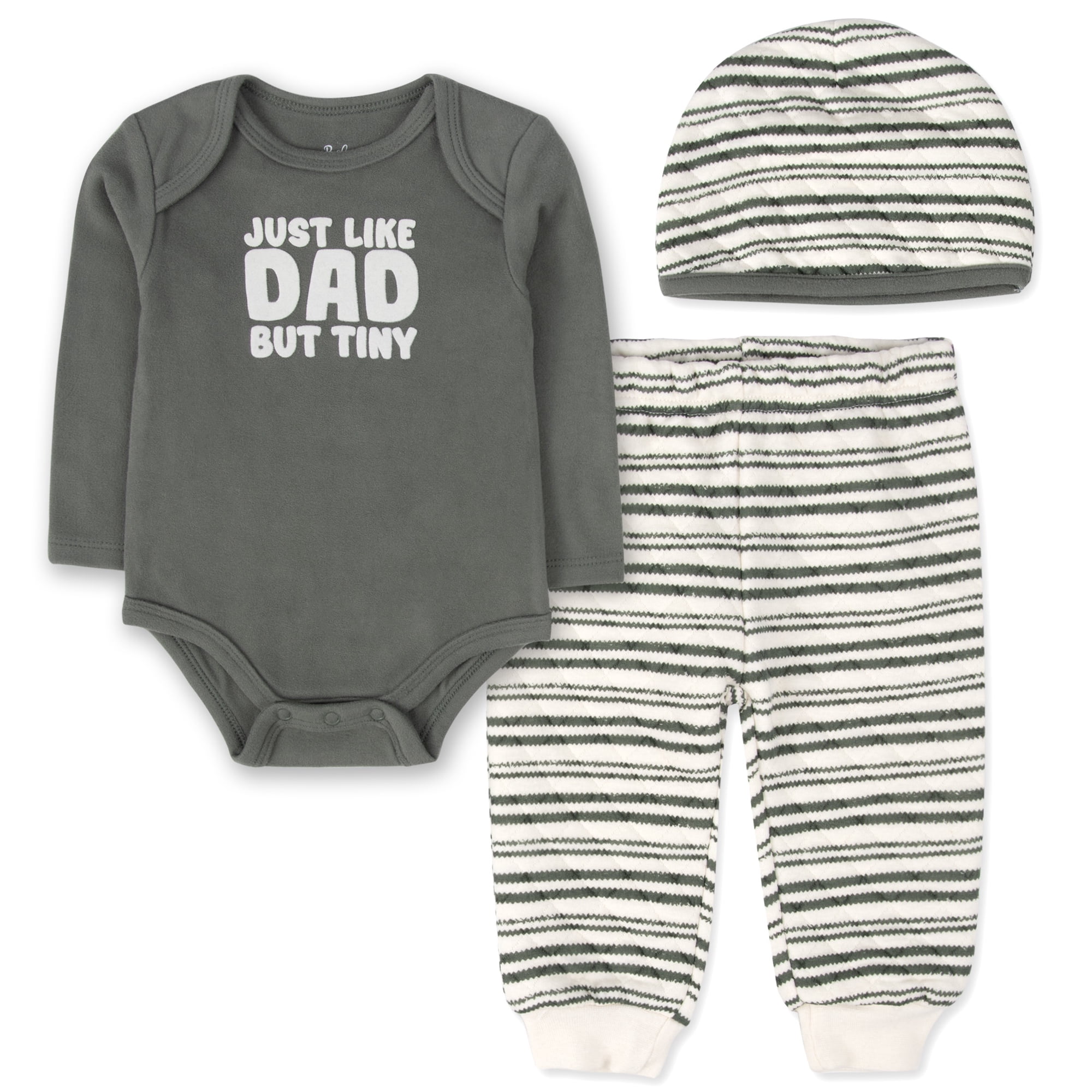 Baby Essentials Infant Boy 3 Piece Layette Set with Bodysuit, Quilted Jogger Pants & Hat – Cozy Fall & Winter Outfit (Grey Just Like Dad But Tiny, 6 months)