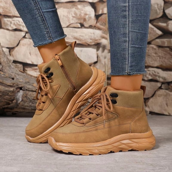 SCHUHLAND Women's Casual Solid Hiking Sneakers with Soft Sole, Non-Slip, Lace Up, Round Toe, Thick Bottom, Medium Heel
