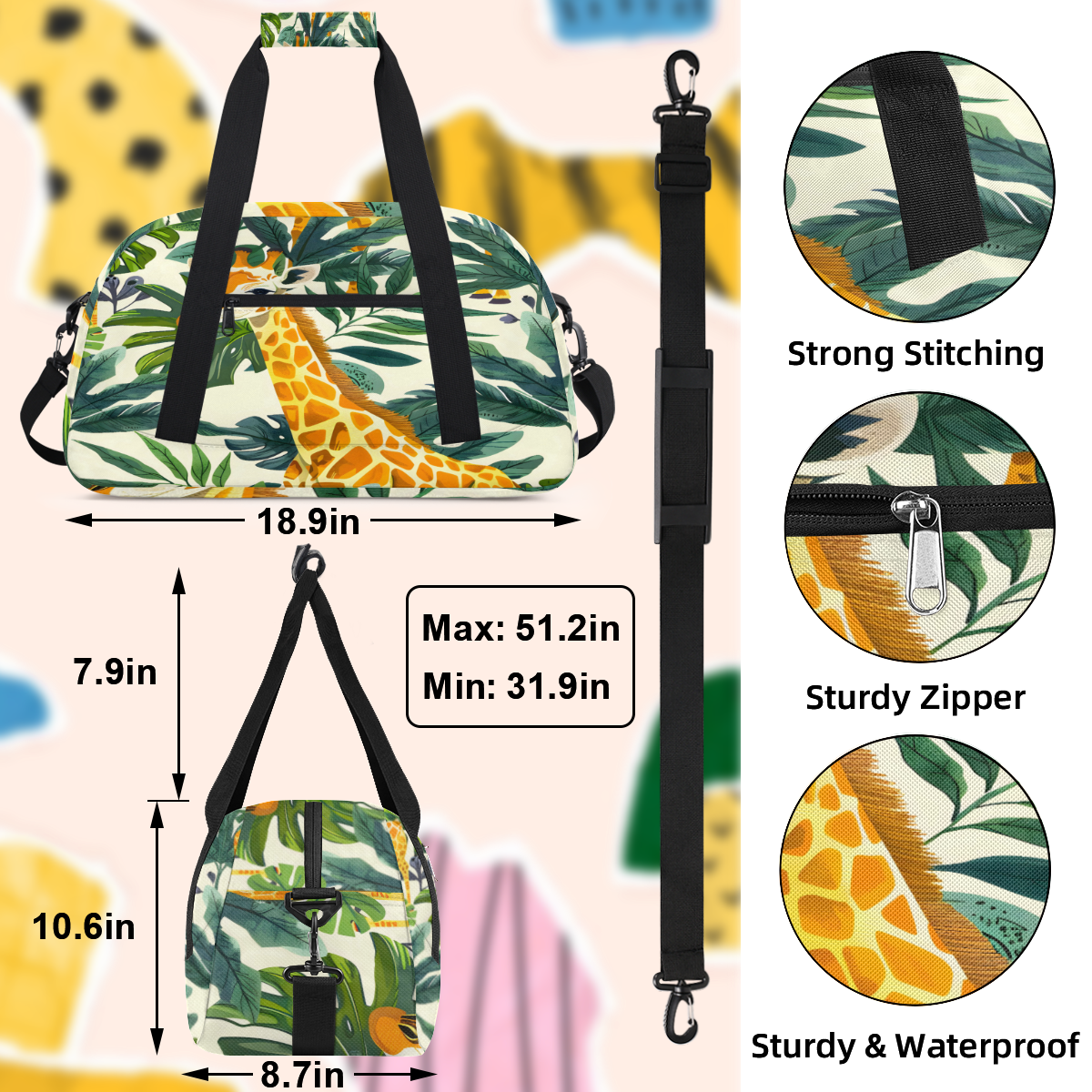 Herdesigns Sports Duffle Bags Travel Duffle Bag Gym Bag Jungle Giraffe Weekender Travel Bag Waterproof Overnight Bag Carry On Travel Tote Bag Dance Bags
