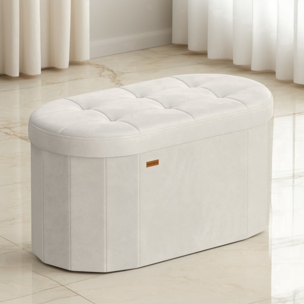 LEDREM 30" Foldable Storage Ottoman Bench, Velvet Fabric Ottoman with 2 Internal Dividers, Footrest for Bedroom Living Room, Cream White