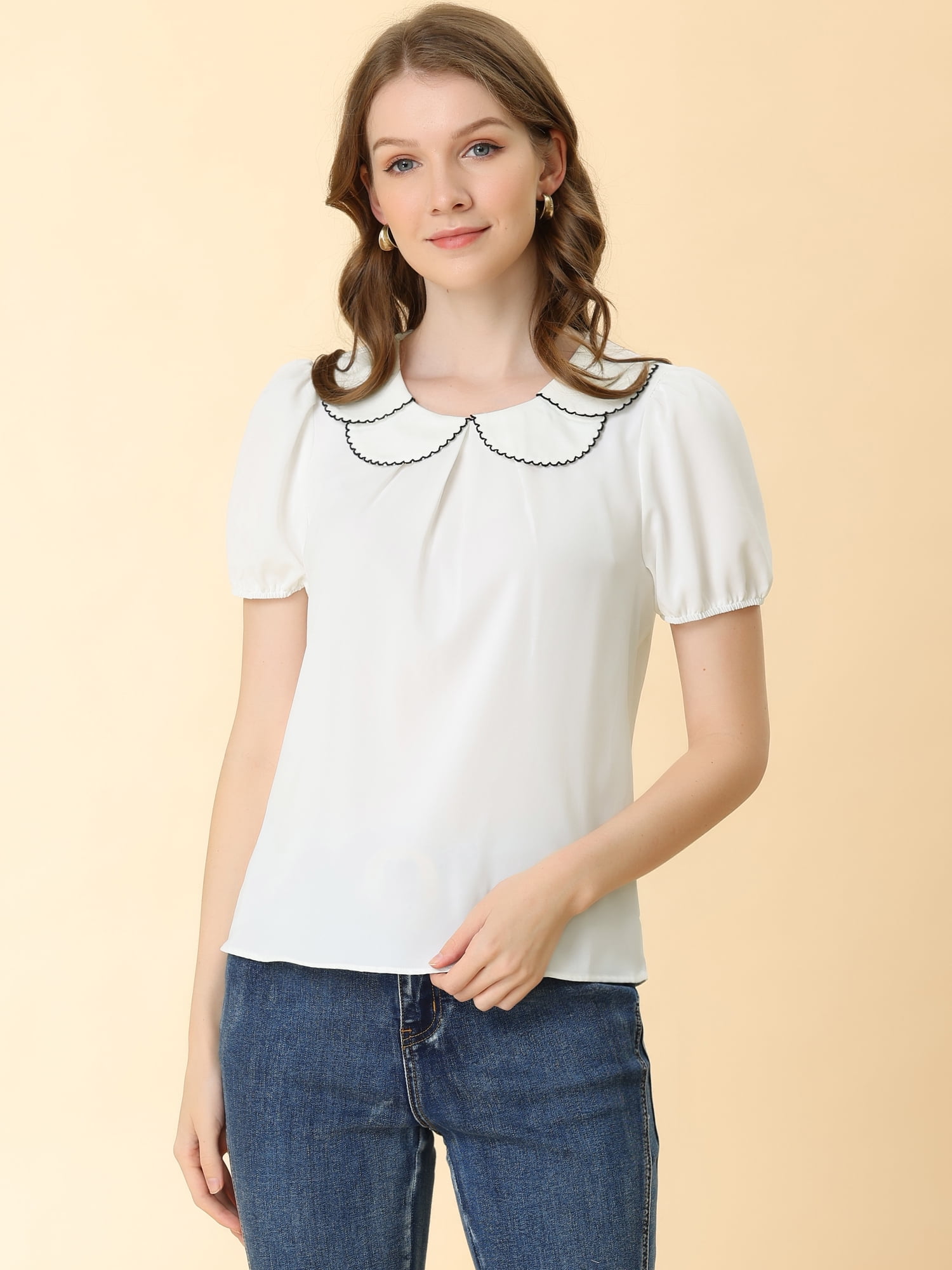 DARING DIVA Women's Retro Puff Sleeve Peter Pan Collar Blouse Top S White