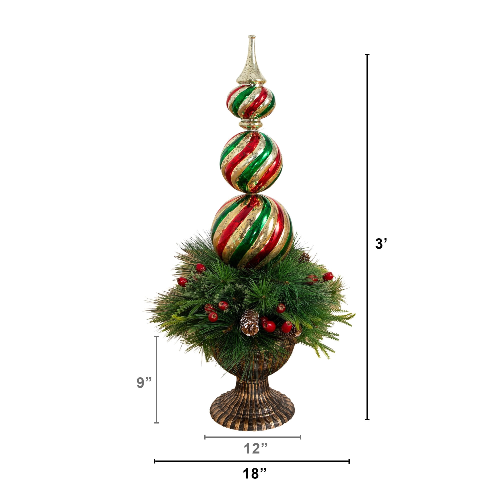 3ft. Pre-Lit Artificial Christmas Finial Ornament and Mixed Pine Topiary Tree with Berries & Pinecones and 70 LED Lights in Decorative Urn