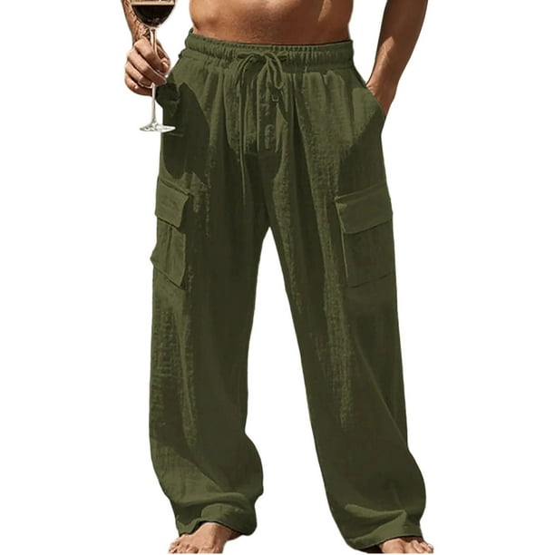 Amzcrzy Mens Linen Pants Comfortable Elastic Waist Drawstring Trousers for Men Summer Casual Relaxed Fit Beach Yoga Pants Lightweight Baggy Wide Leg Pants for Men with Flag Label S-3XL Verde