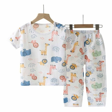

Realhomelove Toddler Baby Boys Girls Short Set Pajamas for Kids Toddler Cotton Cartoon Dinosuar Whale Giraffe Print Sleepwear Summer Clothes Size 1-13T