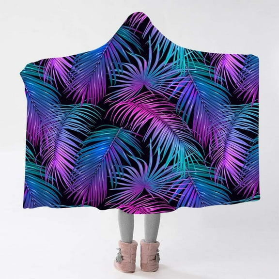 silau Palm Leaf Hooded Blanket Neonl Tropical Leaves on Black Wearable Throw Blanket Girly Modern Warm Soft Blanket Pink Teal Purple and Blue, (Youth 60"x50")