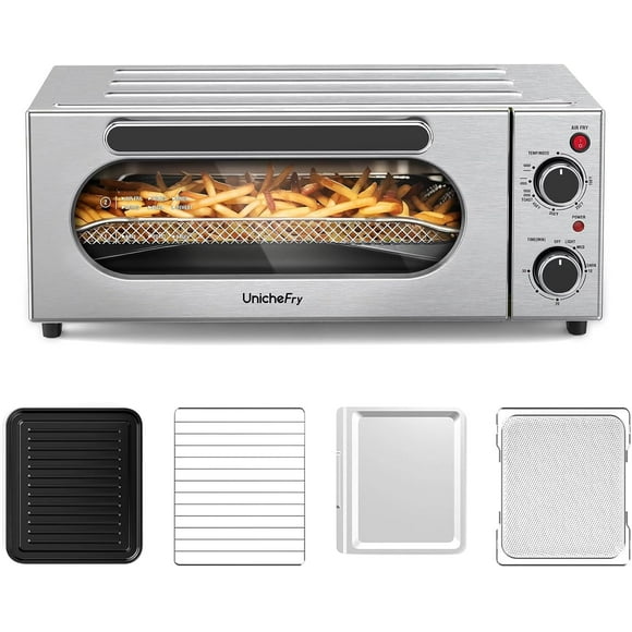 Toaster Oven Air Fryer Combo with 4 Accessories, 1800W 15L Countertop Convection Toster Oven Fits 9 Slices or 12" Pizza, Stainless Steel with 4 Functions Including Convection, Bake & Broil