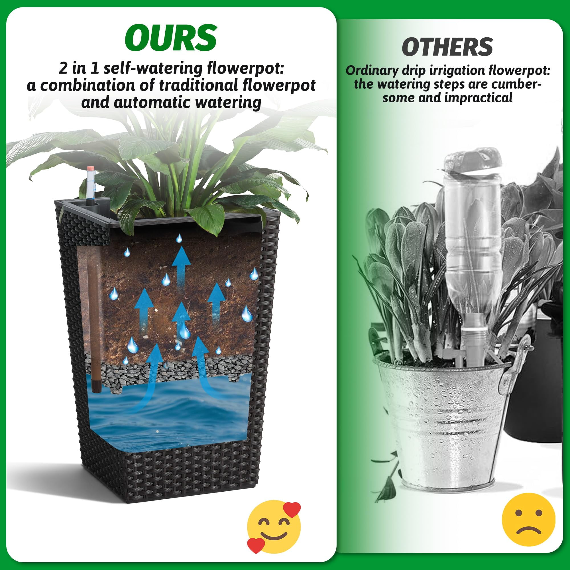 Tall Planters with Rattan Texture, Set of 2, Indoor/Outdoor Decorative Flower Pots with Water Level Monitor, Detachable Inner Pot & Drainage Holes for Large Plants, Trees, Patio, and Garden