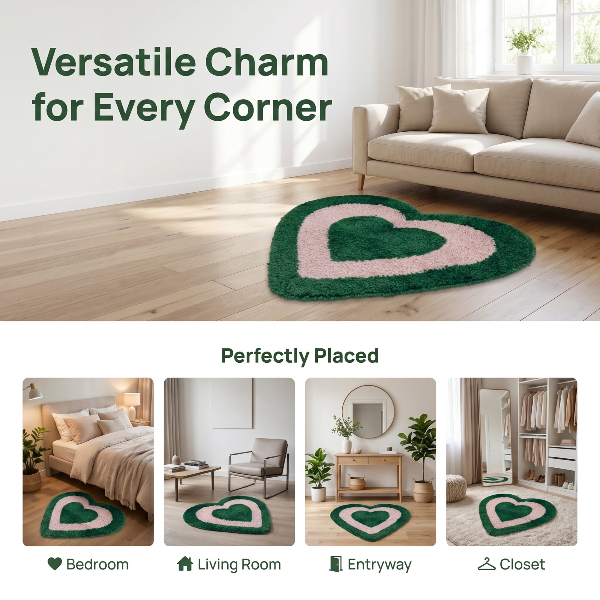 Unique Bargains Small Heart Rug Non-Slip Soft Shaggy Faux Fur Area Rug 19" x 16" Green