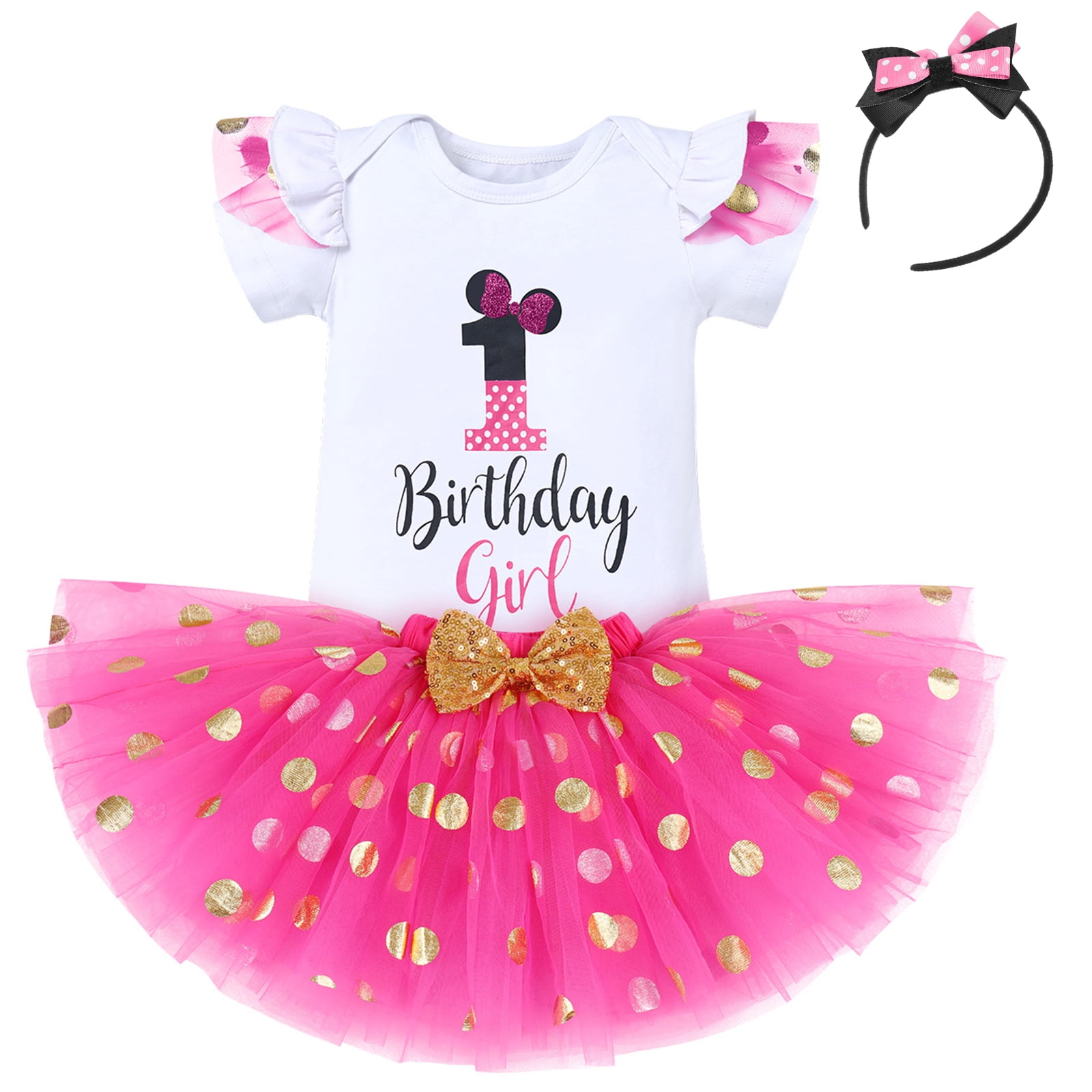 IBTOM CASTLE Toddler Girls 1st 2nd 3rd Birthday Outfit Princess Polka Dots Ruffle Tutu Skirt Mouse Headband Cake Smash Party Clothes Set 1 Year Hot Pink
