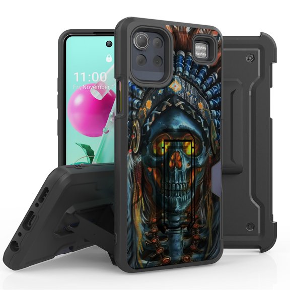 ANJ Rugged Hybrid Shockproof Case w/Kickstand Holster Clip Card Slot Cover for LG K92 5G - Skull Chief 2