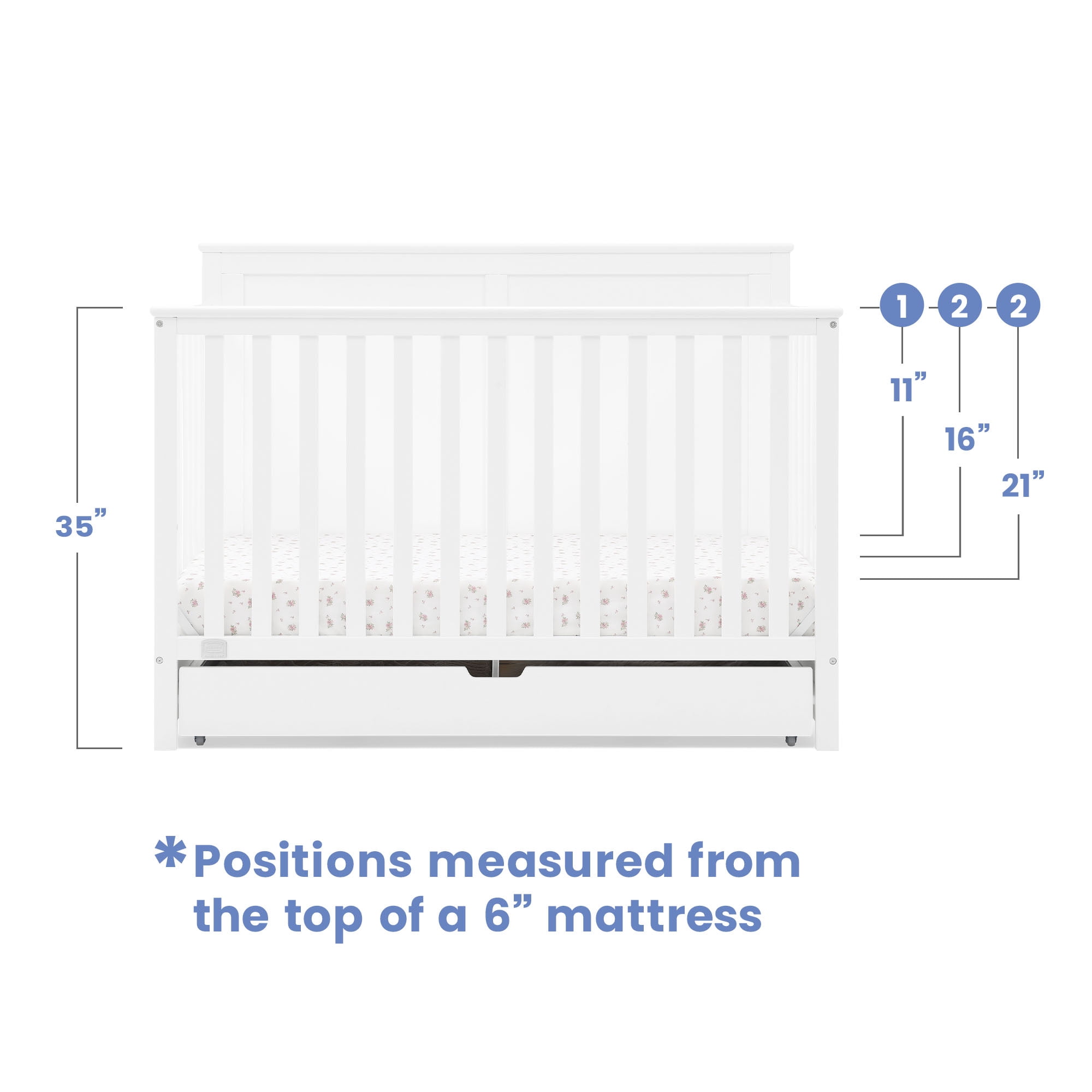 Simmons Kids Logan 6-in-1 Convertible Crib w/ Drawer, Greenguard Gold Certified, Converts to Toddler Bed, Daybed, Sofa & Full-Size Bed w/ & w/o Headboard, Fits Standard Crib Mattress, Bianca White
