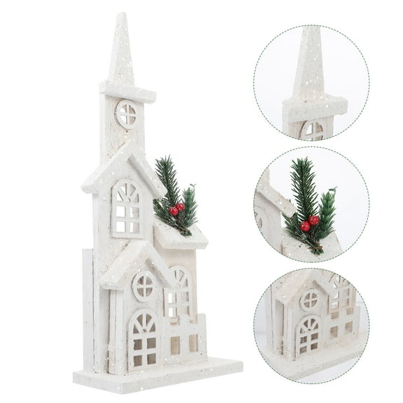 Luxshiny White Wooden Xmas Home Decor Castle Ornament for Party and Desktop Display 1Pc