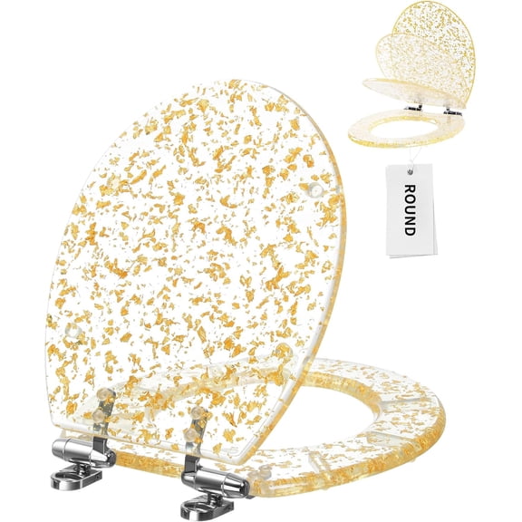 ROUND Resin Toilet Seat Soft Close Quick Release Easy Clean Adjustable Hinges Heavy Duty Golden Glitter Cover Acrylic Toilet Seats (17Inch, Gold Foil, Upgraded hinge)