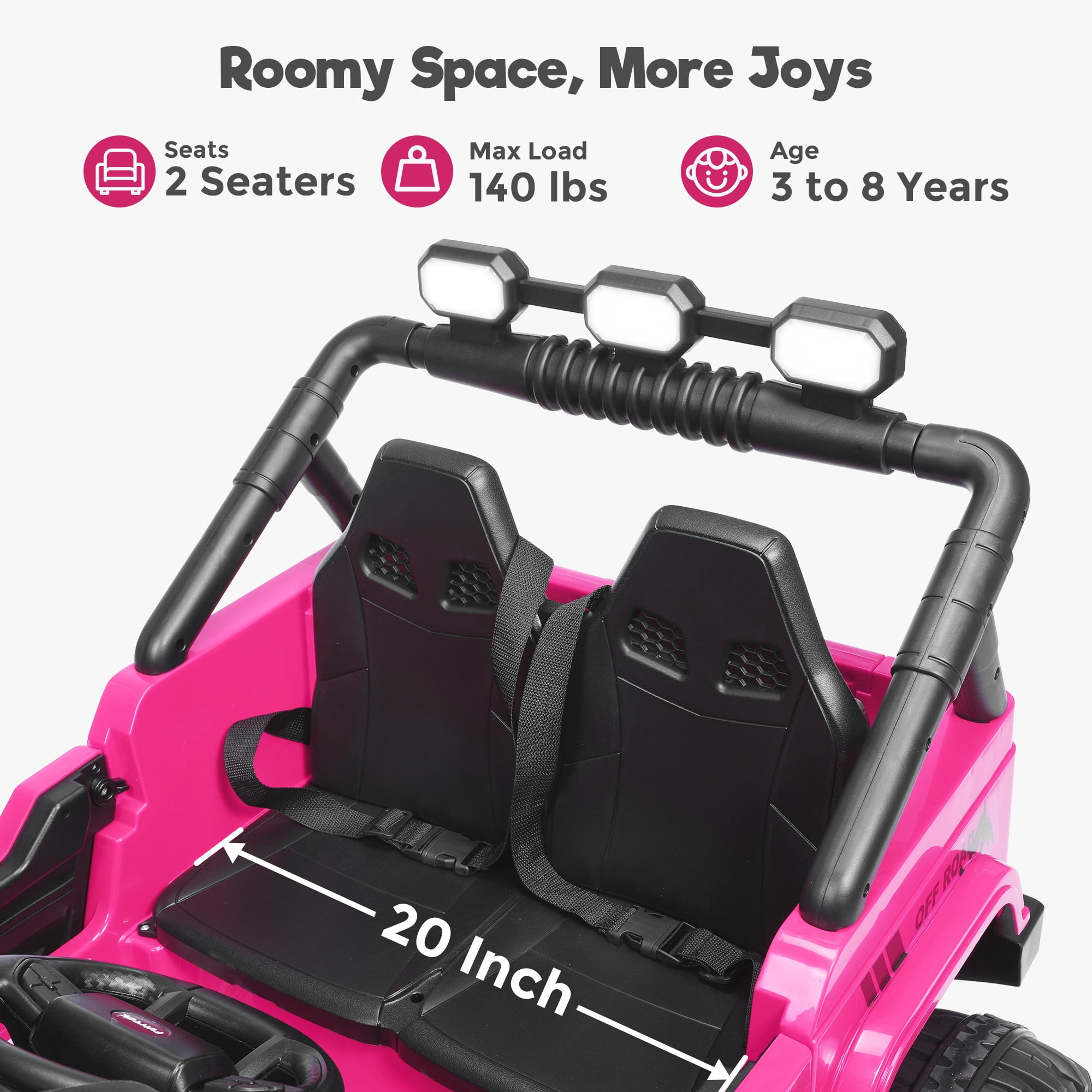FUNTOK 24 Volt 2 Seater Kids Ride on Toys w/ 20 " Large Seat, 4 x 200W Motor Electric Vehicle Car, 4WD/2WD Switchable Battery Powered Ride on Truck, 3 Speeds with Remote Control & LED Lights, Pink