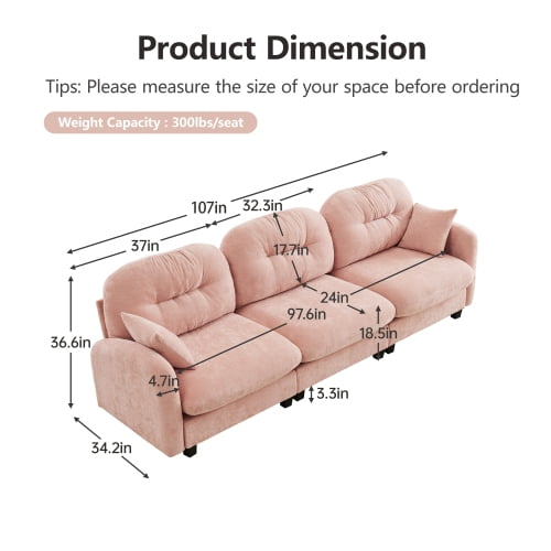 GAKMCIL 107" Loveseat Sofa, 3 Seater with Upholstered Large Size Deep Seat,Cloud Sectional Couches Chenille Fabric for Living Home