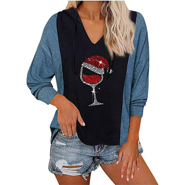 Pompotops Mode Femme T-Shirt à Manches Longues Col en V Automne Blouse à Capuche Imprimée