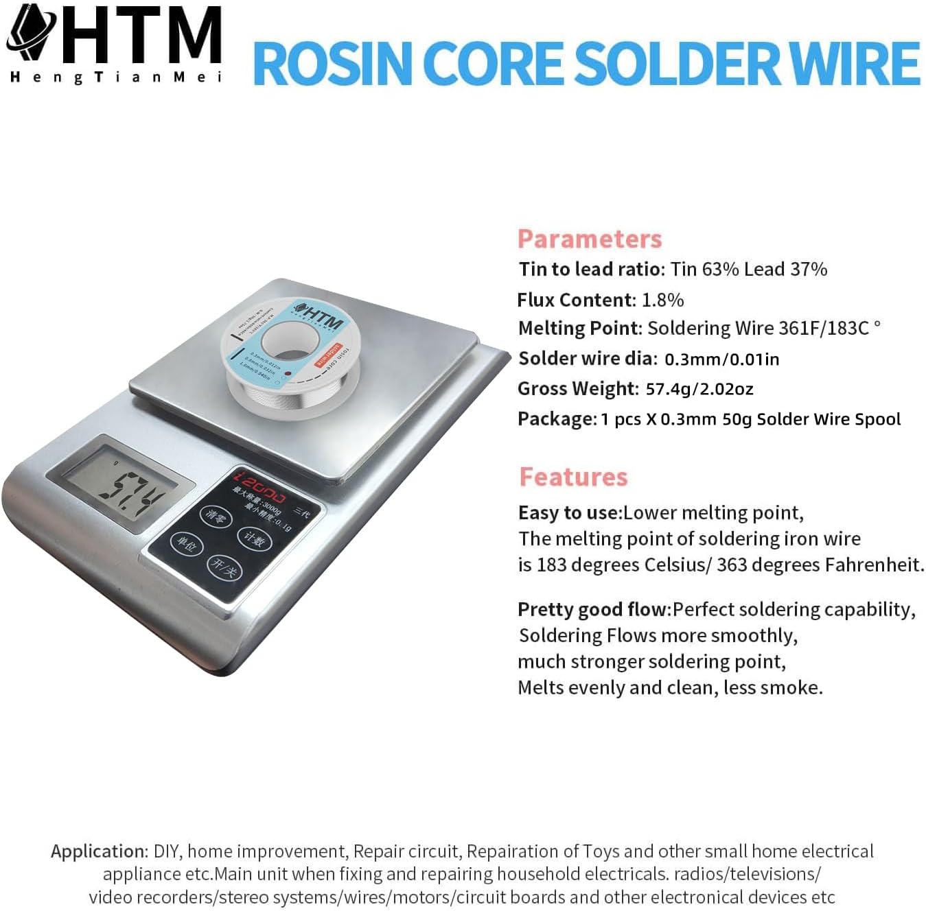 63/37 Rosin Core Tin Lead Solder Wire For Electrical Soldering(0.3mm/50g)