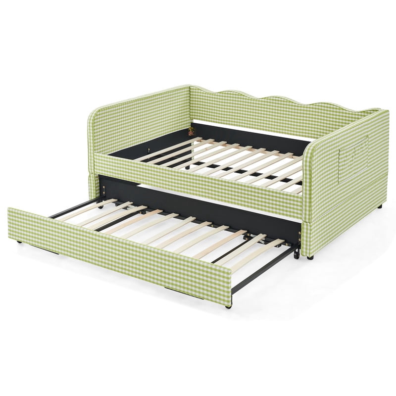 Full Size Daybed with Pop Up Trundle, Gingham Twin to King Daybed with Side Storage Pockets, Upholstered Sofa Bed Frame for Living Room Bedroom, No Box Spring Needed