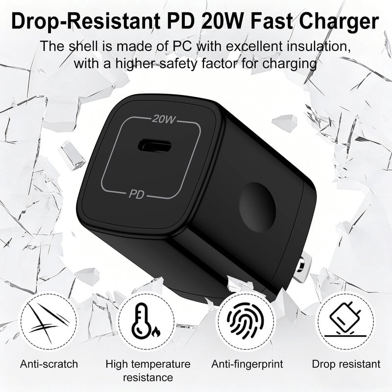 2 Pack PD 20W Fast Wall Charger Block, 20W Phone Charger with 6FT Type C Charger Block Cables, Compatible with iPhone 17/16/15 Pro Max iPad Pro Galaxy S26 Android,Black