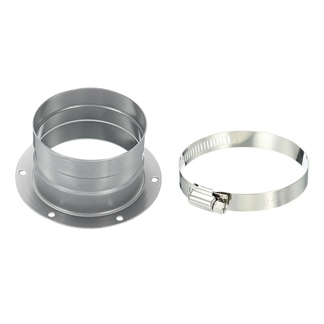 Unique Bargains 3 Inch Duct Connector Flange Metal Straight Pipe Exhaust Hose Flange with Clamp. The image shows a grey galvanized iron duct connector with a 73 mm (2.9 inch) outer diameter and a stainless steel clamp. The connector features a round base with pre-drilled mounting holes for easy installation. Suitable for air ventilation systems in kitchens, bathrooms, garages, and factories.