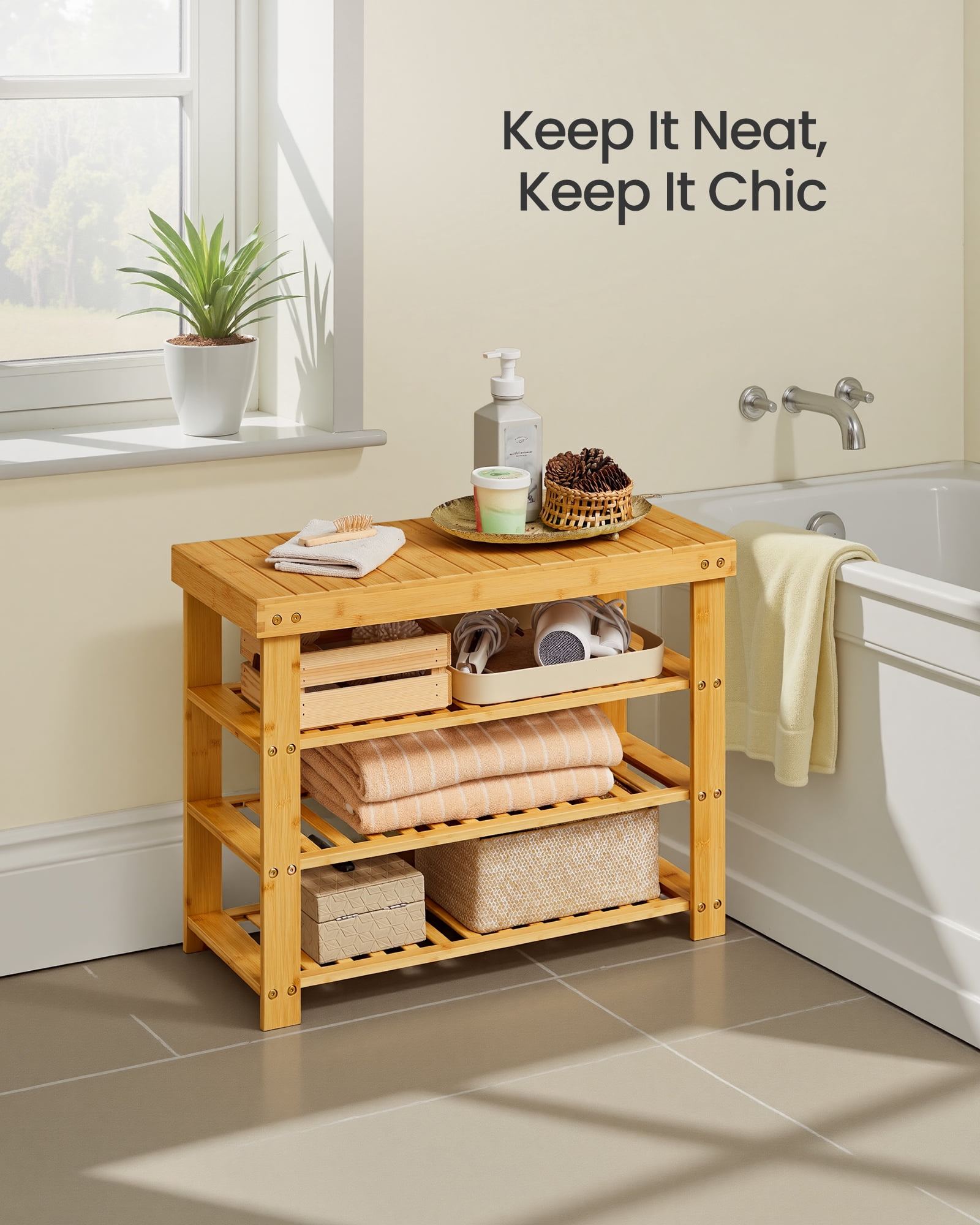 SONGMICS Shoe Rack Bench, 3 Tier Bamboo Shoe Storage Organizer, Entryway Bench, for Living Room, Bathroom, Bedroom, 11.3 x 27.6 x 20.5 Inches, Light Bamboo