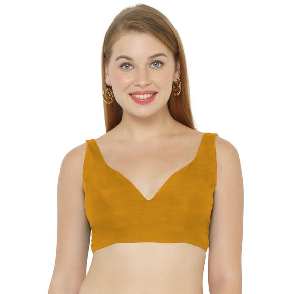 eloria Women's Art Silk Blouse Solid V Neck Sleeveless Top Sari Accessories Color: Orange | Size: 40