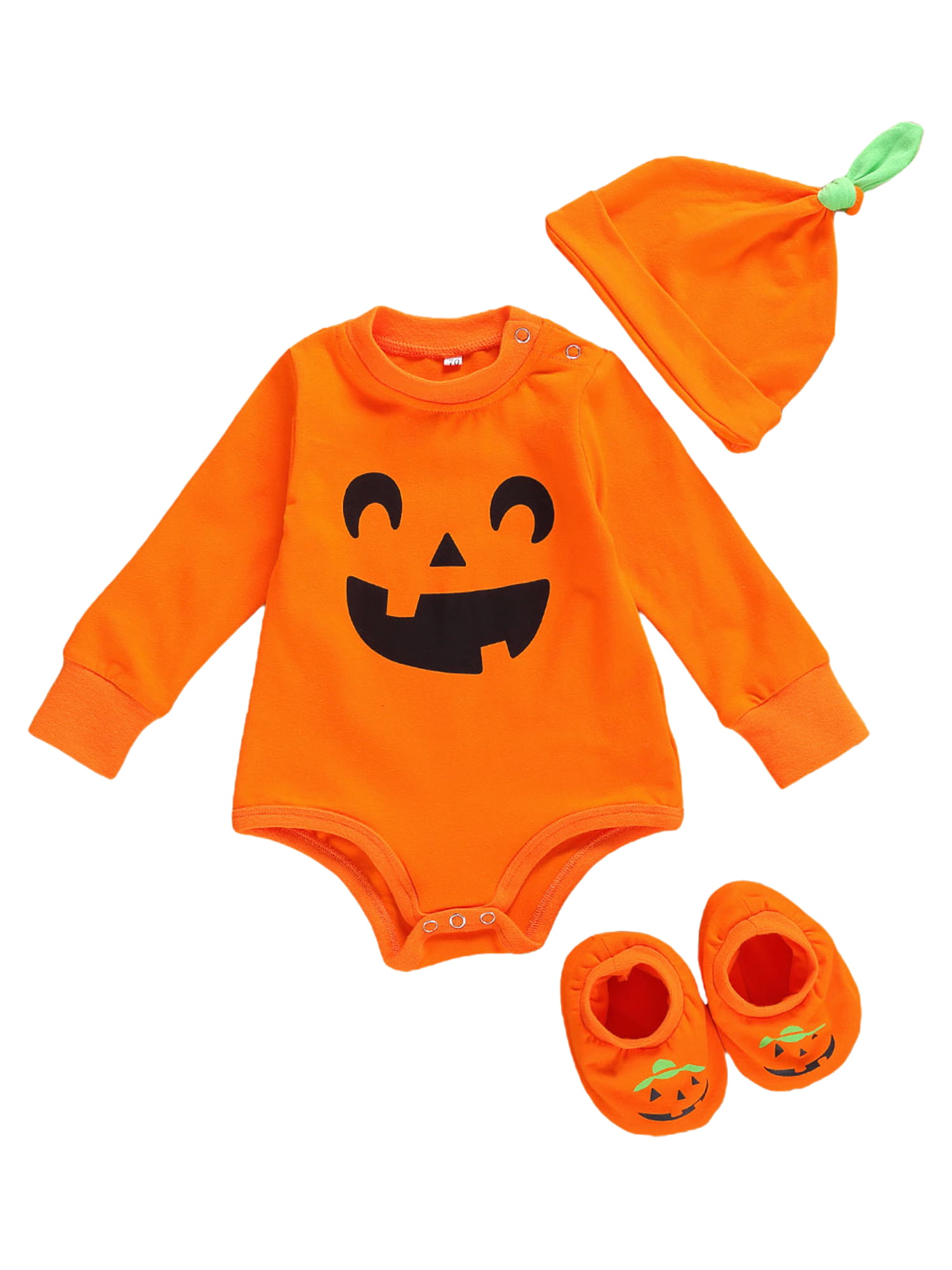My First Halloween Costumes Outfit,Newborn Toddler Infant Baby Girl Boy Pumpkin Romper Pants Hat,Long Sleeve Clothes Winter Gifts 12-18 Months, Black 