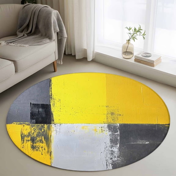 Round Rugs 3Ft, Abstract Yellow Gray Round Area Rug Washable Indoor Throw Carpet, Modern Geometric Oil Painted Small Non Slip Circle Rug for Bedroom Living Room Home Decor Aesthetic